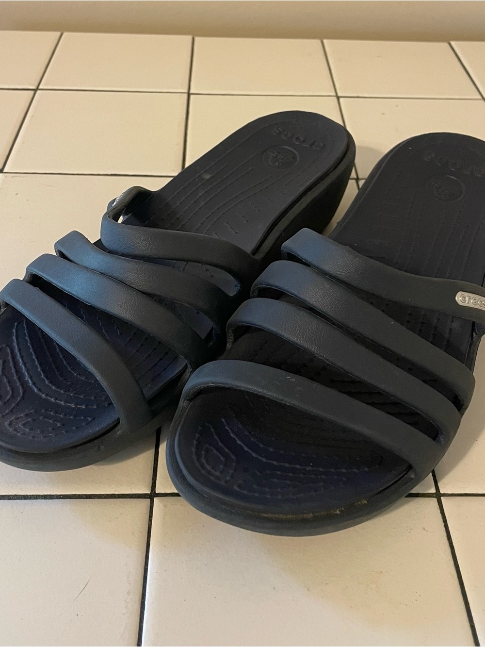 CROCS Navy Rhonda Wedge Triple-Strap Slide Sandals